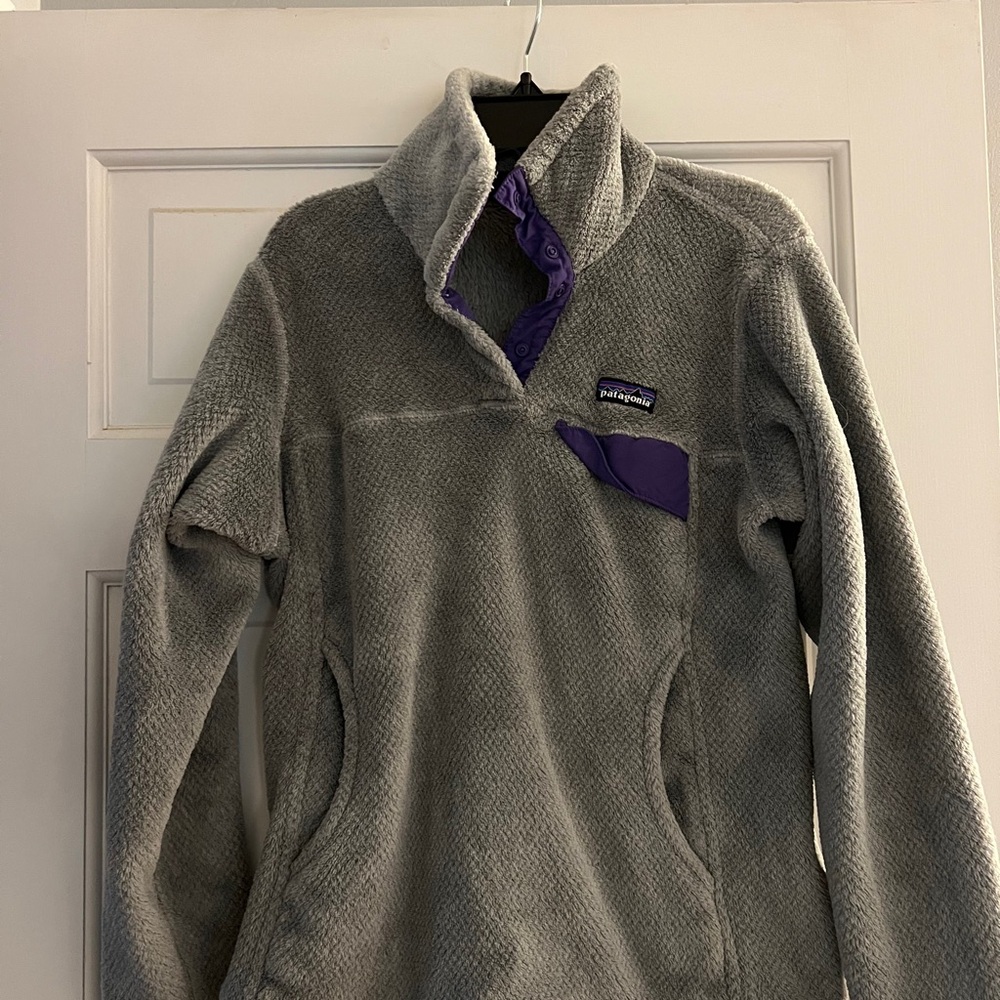 Patagonia Re-Tool Half-Snap Pullover Gray Fleece with Purple Trim